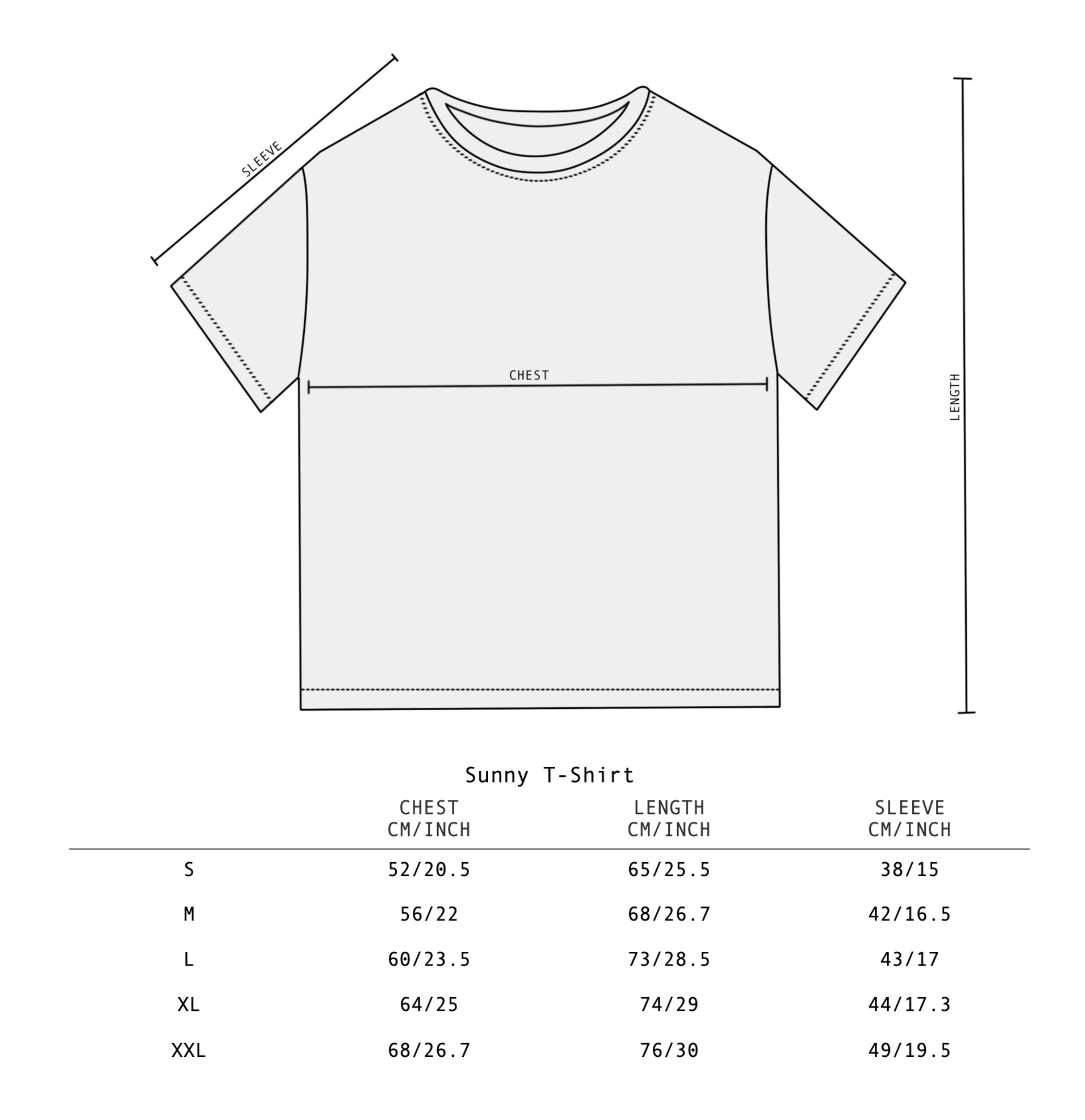 A simple line drawing of a short-sleeve crew-neck T-shirt with measurement arrows and a size table below, showing chest, waist, sleeve, and body measurements by size.